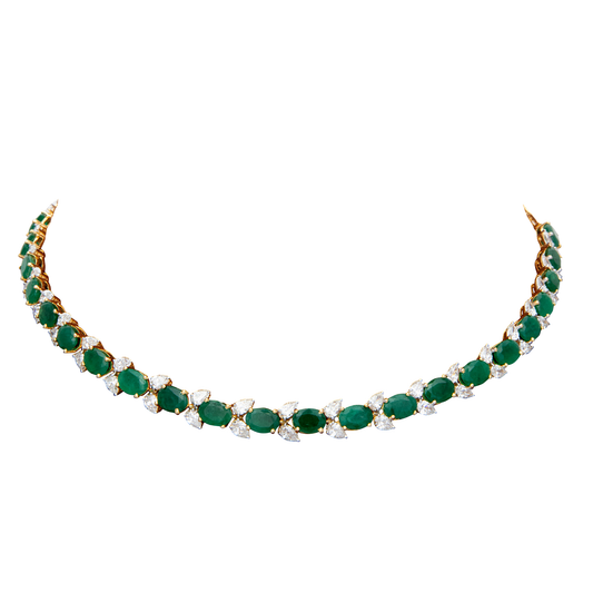 Natural Diamond and Emerald Necklace in 18 Kt Yellow Gold