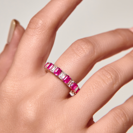 Diamond and Pink Sapphire Eternity Band in 18 Kt White Gold