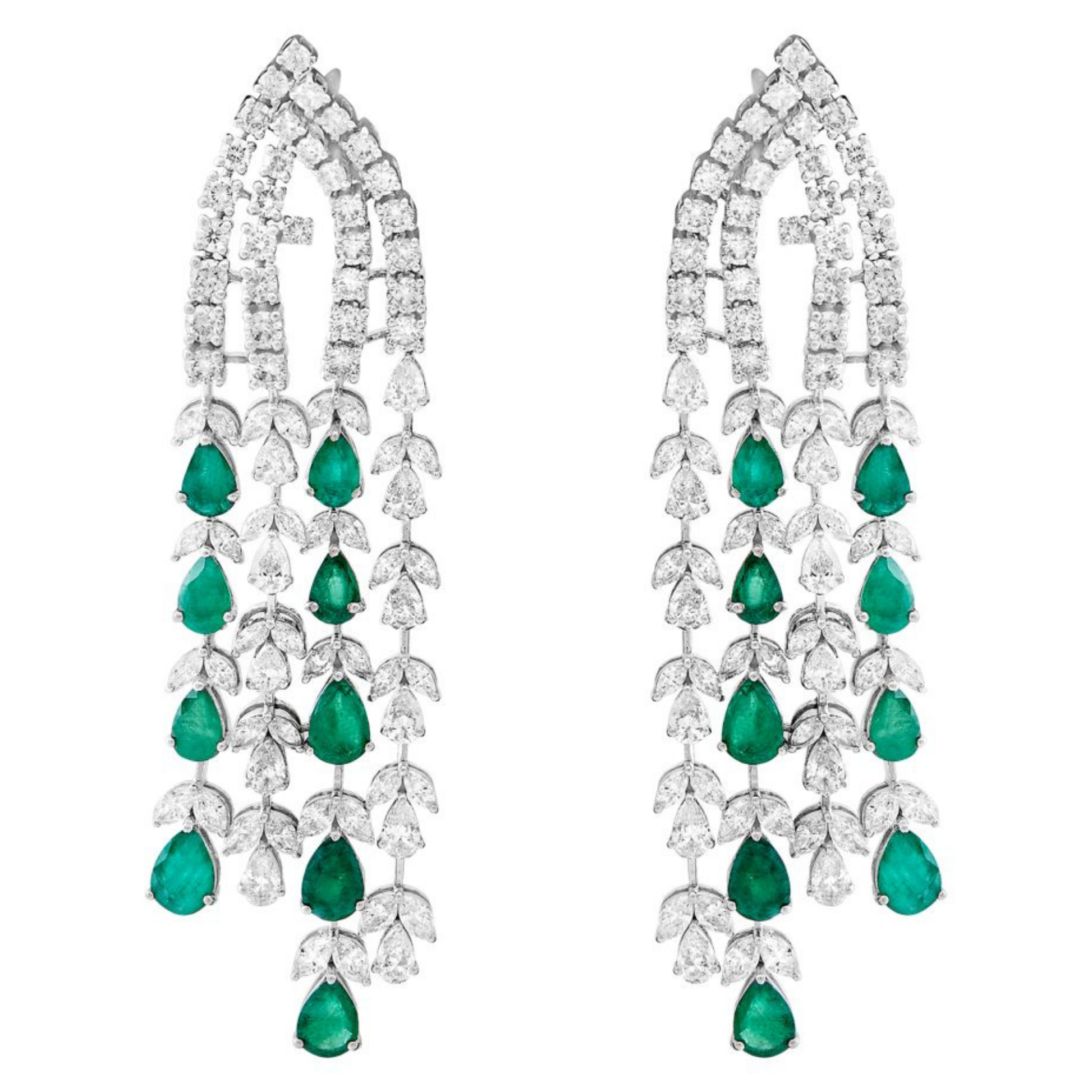 Natural Diamond and Emeralds Earrings in 18 Kt White Gold in Chandelier Design