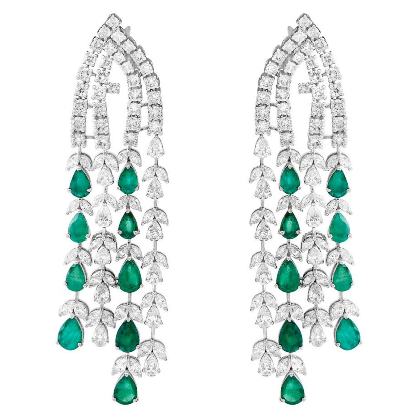 Natural Diamond and Emeralds Earrings in 18 Kt White Gold in Chandelier Design