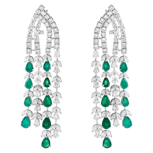 Natural Diamond and Emeralds Earrings in 18 Kt White Gold in Chandelier Design