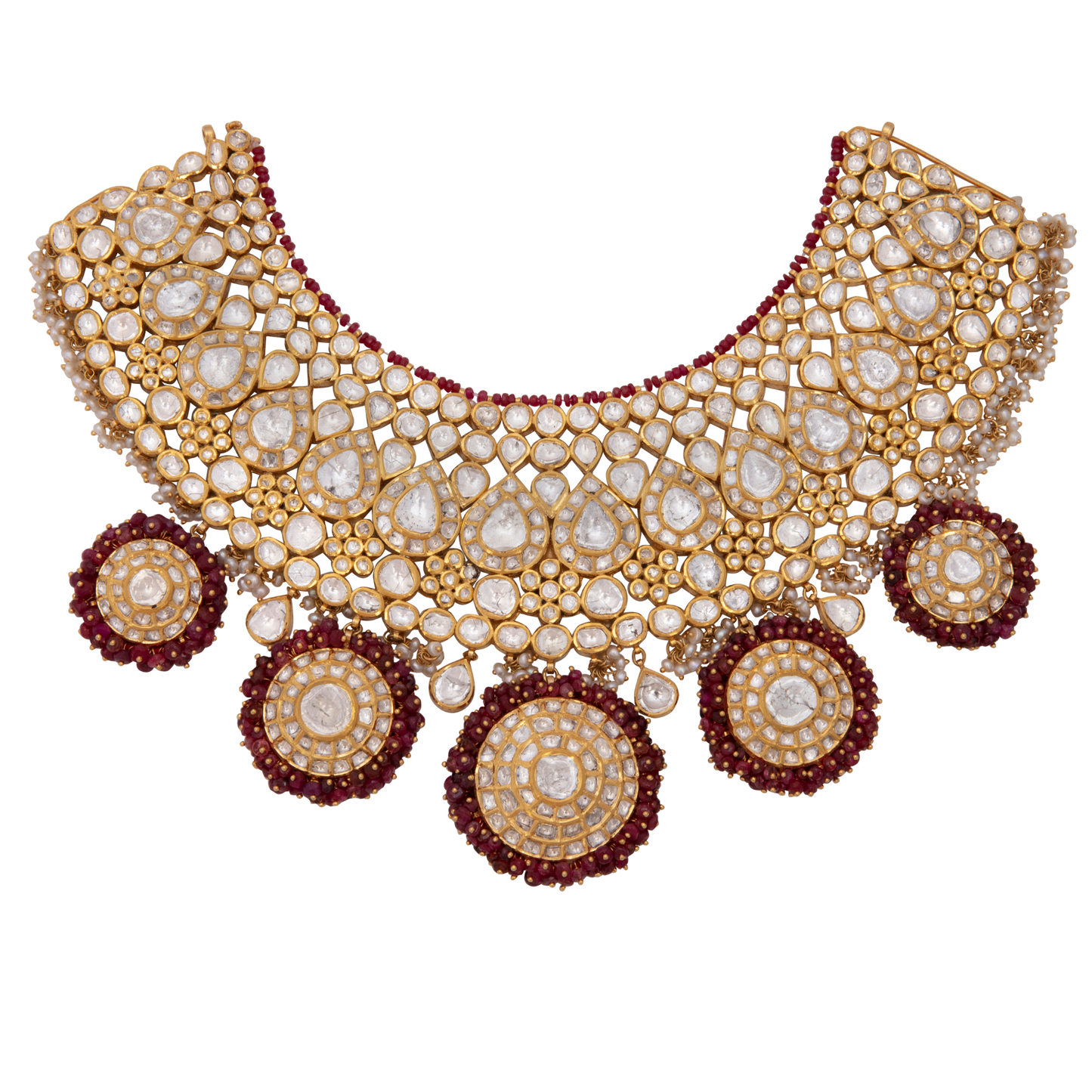 Polki Necklace with Ruby and Pearls