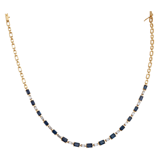 Diamond and Blue Sapphire Strand Necklace in 18 Kt Yellow Gold