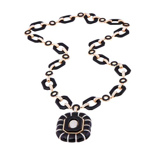 Diamond Pendant Necklace, Rose Gold and Black Enamel