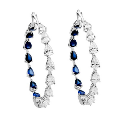 Diamond and Blue Sapphire Hoop Earrings in 18 Kt White Gold